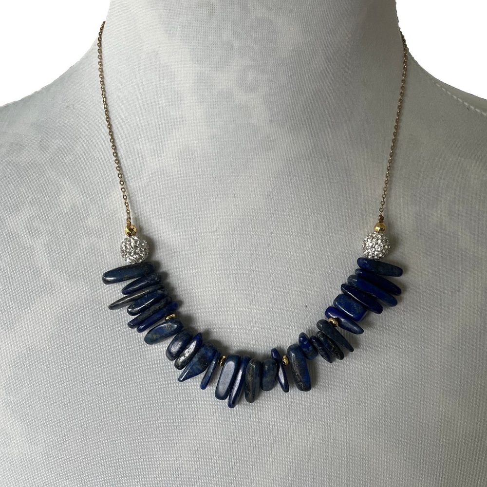 Erimish Blue Lapis Lazuli Stick Beaded Necklace with Pave Crystal Accent